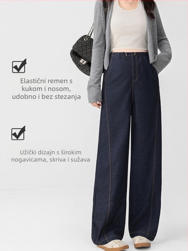 Trudničke hlače u denims stilu, široke nogavice, duge hlače, visoka elastičnost, srednji struk, poliester tkanina