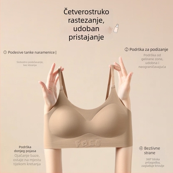 Bešavna grudnjica za tinejdžerice 12–15 godina, sportsko-tank-top stil; puna čašica s tankim modeliranim čašicama; čašice od pamuka; glavni materijal: spandeks; podstava: najlon/poliamid 70–80%; bez zatvarača; fiksne dvostruke naramenice