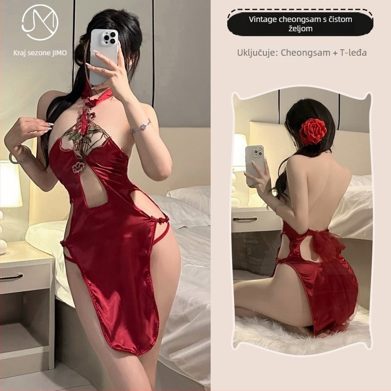 Antique Peony-Embroidered Halter-Neck Cheongsam, Polyester fabric, 90-95% polyester, Sheer Side Slit