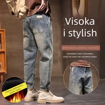 Muške traperice denim s ravnim krojem, visokim strukom, zipom, cargo džepovima