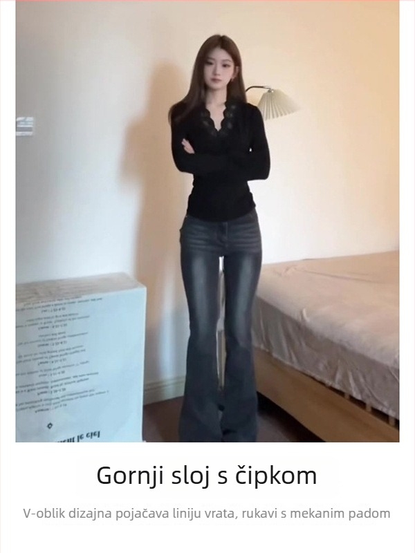 Top od viskoze s V-dekolteom, dugim rukavima, uski kroj, jednobojni, standardna duljina