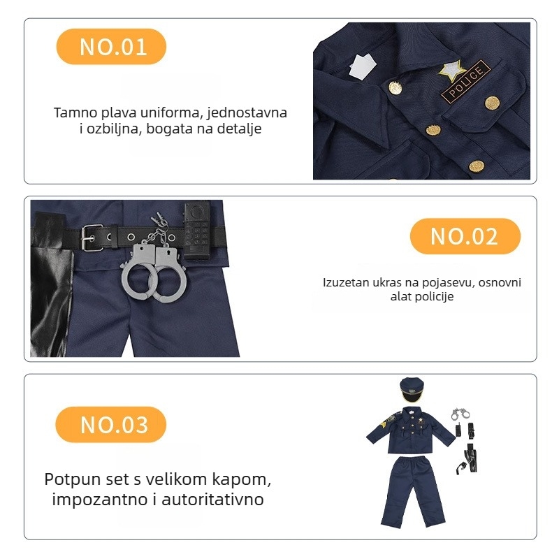 Dječji policijski cosplay kostim – Poliester radna odjeća, za djecu 3–8 godina, na skladištu, proljeće 2024