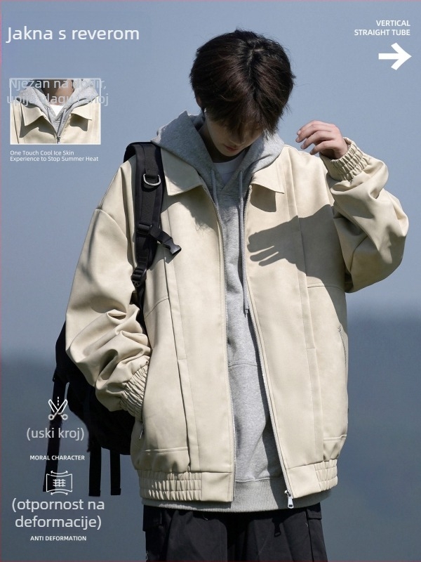 Jakna s retro stilom, rever ovratnik, labav kroj, zatvarač na zip