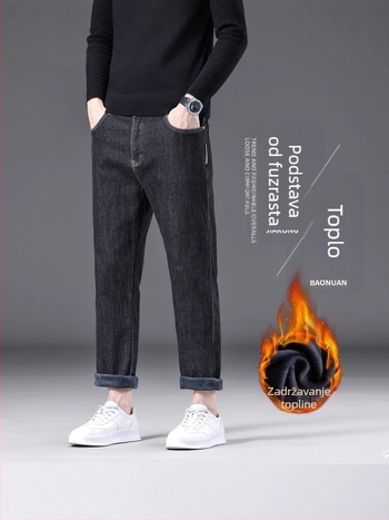 Muške traperice ravnog kroja, zimski fleece, srednji pojas, blago elastičan materijal