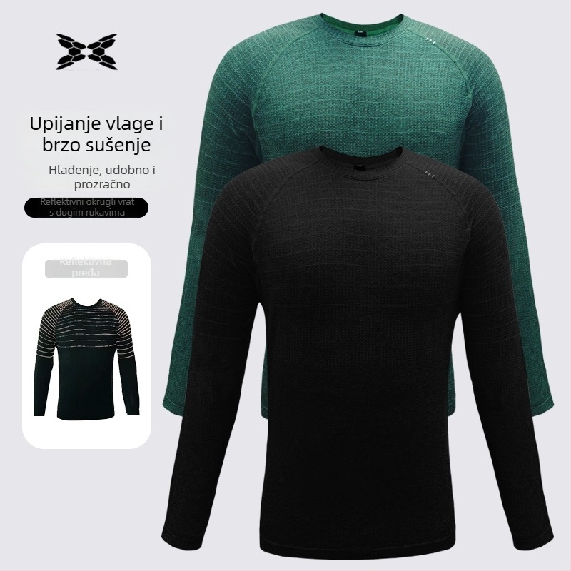 Muška majica s reflektirajućom niti – dugi rukav, okrugli izrez, brzo suši, prozračna, antibakterijska, slim fit