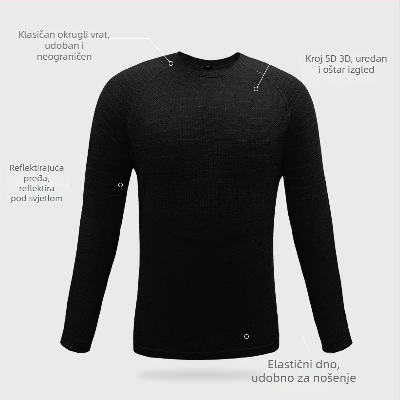 Muška majica s reflektirajućom niti – dugi rukav, okrugli izrez, brzo suši, prozračna, antibakterijska, slim fit