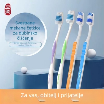 Three Laughs ručna četkica za zube za odrasle, s dvostrukim tvrdim i mekanim vlaknima, dizajn valovito-lukaste forme, individualno pakirana, za interdentalno čišćenje