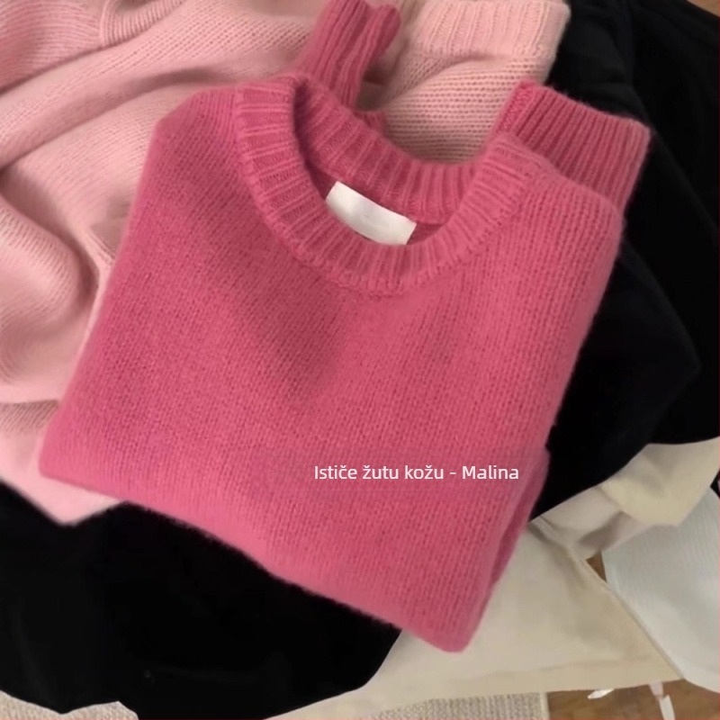 Pulover s okruglim izrezom, apstraktan patchwork dizajn, gusti pleteni materijal od vune i viskoze, dugi rukavi, slobodan kroj
