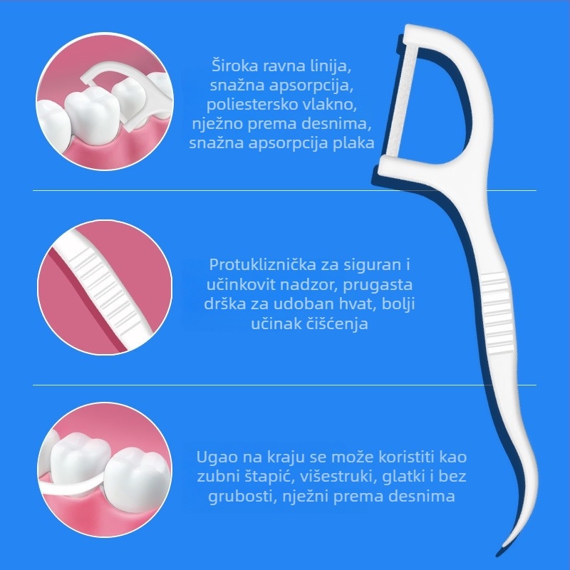 Floss štapići – ultra-tanke plosnate niti, plastični, jednokratni, 30–50 komada, pakiranje od 300 kutija