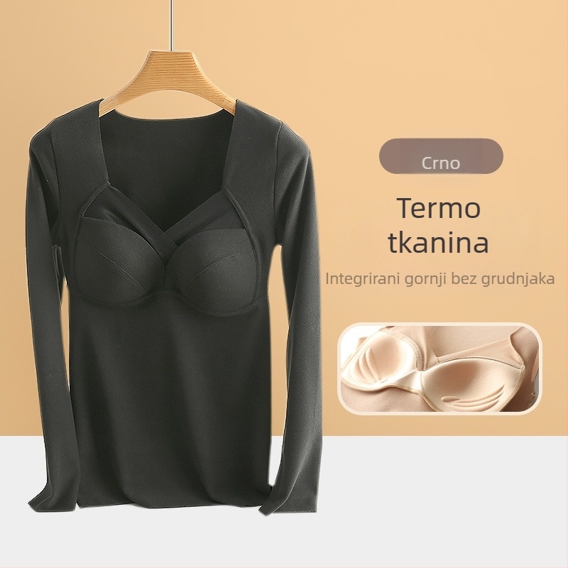 Ženski termalni gornji dio baze s jastučićem za dojke, V-izrez, dugi rukav, De Velvet acrylic tkanina, izuzetno debeo materijal