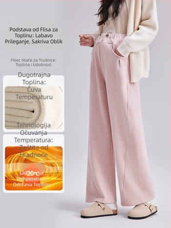Trudničke hlače s visokim strukom, fleece podstavom, slobodnog kroja, duge, s vezicom za struk i podrškom za trbuh