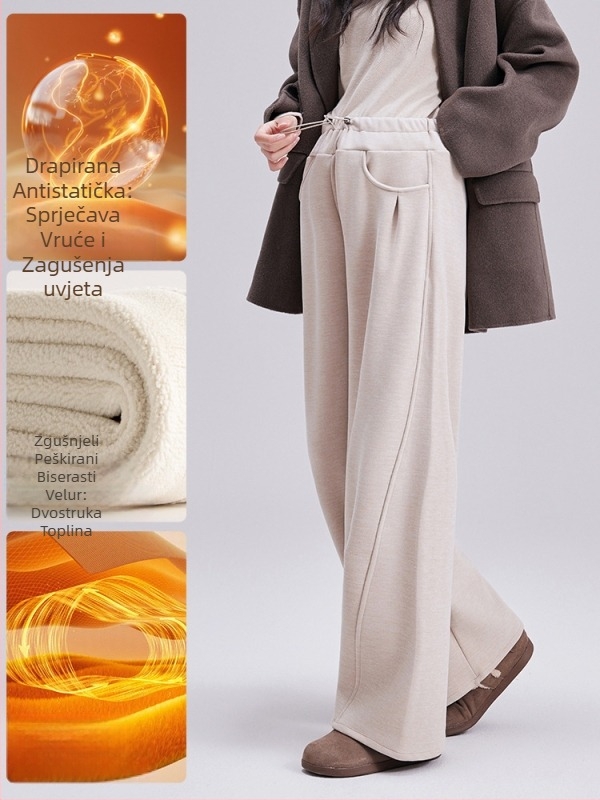 Trudničke hlače s visokim strukom, fleece podstavom, slobodnog kroja, duge, s vezicom za struk i podrškom za trbuh
