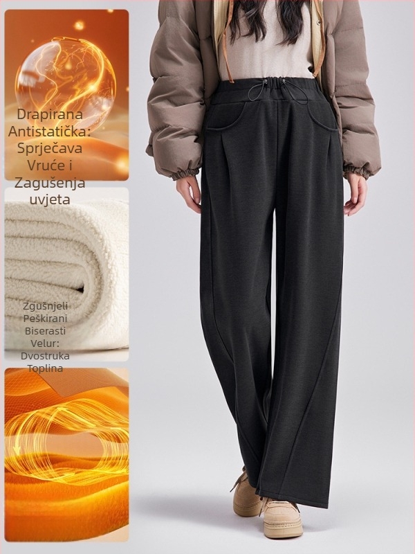 Trudničke hlače s visokim strukom, fleece podstavom, slobodnog kroja, duge, s vezicom za struk i podrškom za trbuh
