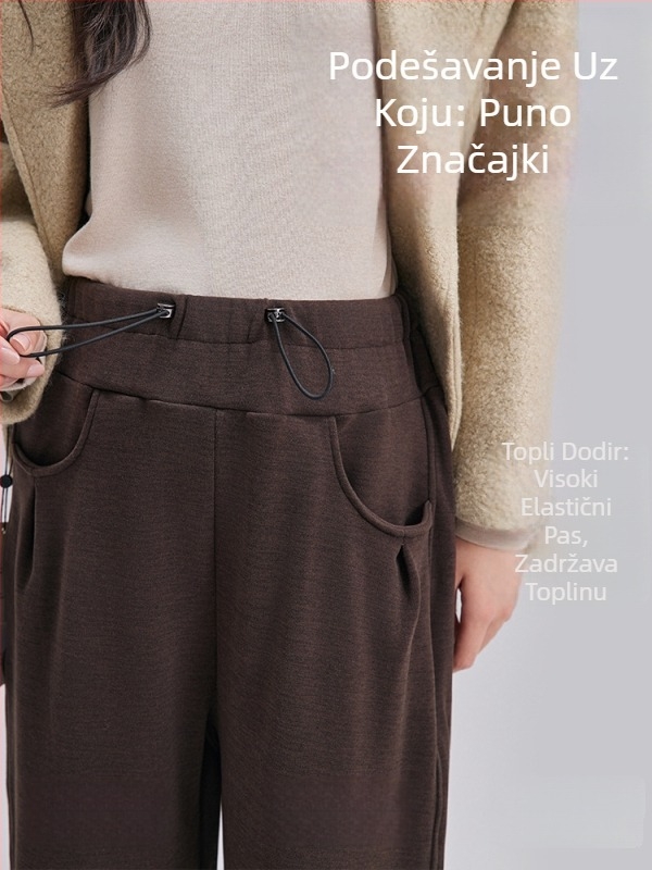 Trudničke hlače s visokim strukom, fleece podstavom, slobodnog kroja, duge, s vezicom za struk i podrškom za trbuh