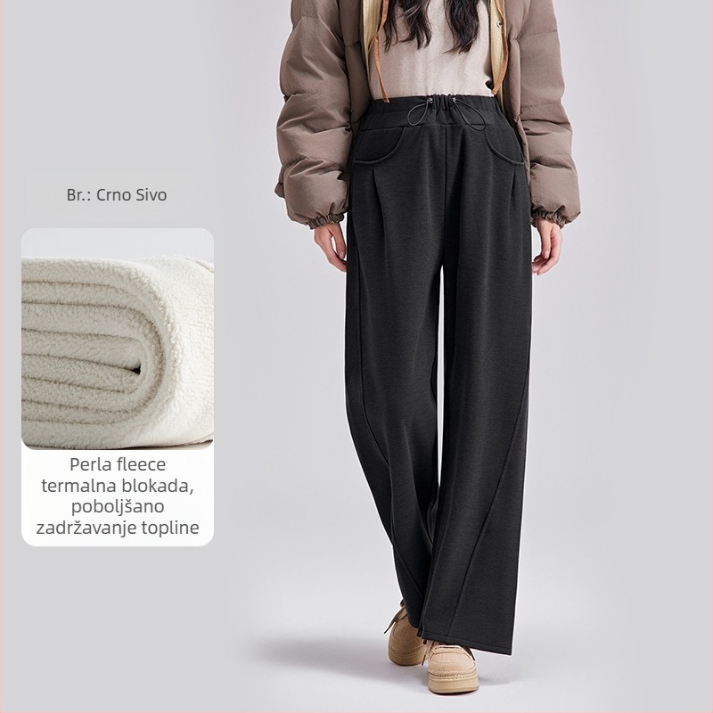 Trudničke hlače s visokim strukom, fleece podstavom, slobodnog kroja, duge, s vezicom za struk i podrškom za trbuh
