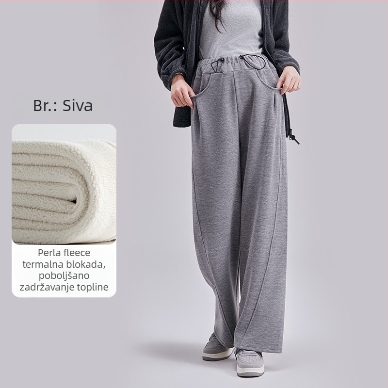 Trudničke hlače s visokim strukom, fleece podstavom, slobodnog kroja, duge, s vezicom za struk i podrškom za trbuh