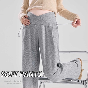 Trudničke široke hlače sa vezanjem u struku — pune duljine, srednje gustoće, poliester (70–80%), jesen/zima