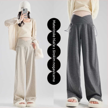 Trudničke široke hlače sa vezanjem u struku — pune duljine, srednje gustoće, poliester (70–80%), jesen/zima