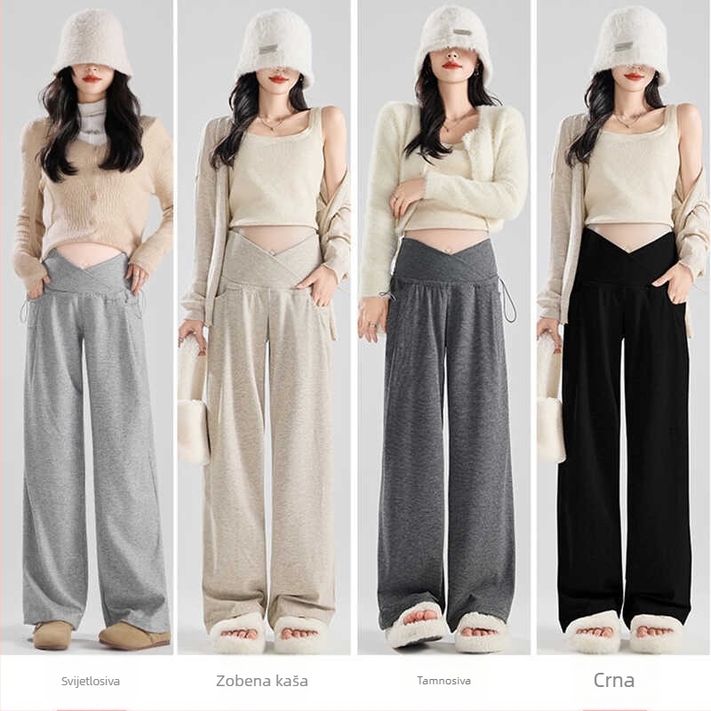 Trudničke široke hlače sa vezanjem u struku — pune duljine, srednje gustoće, poliester (70–80%), jesen/zima