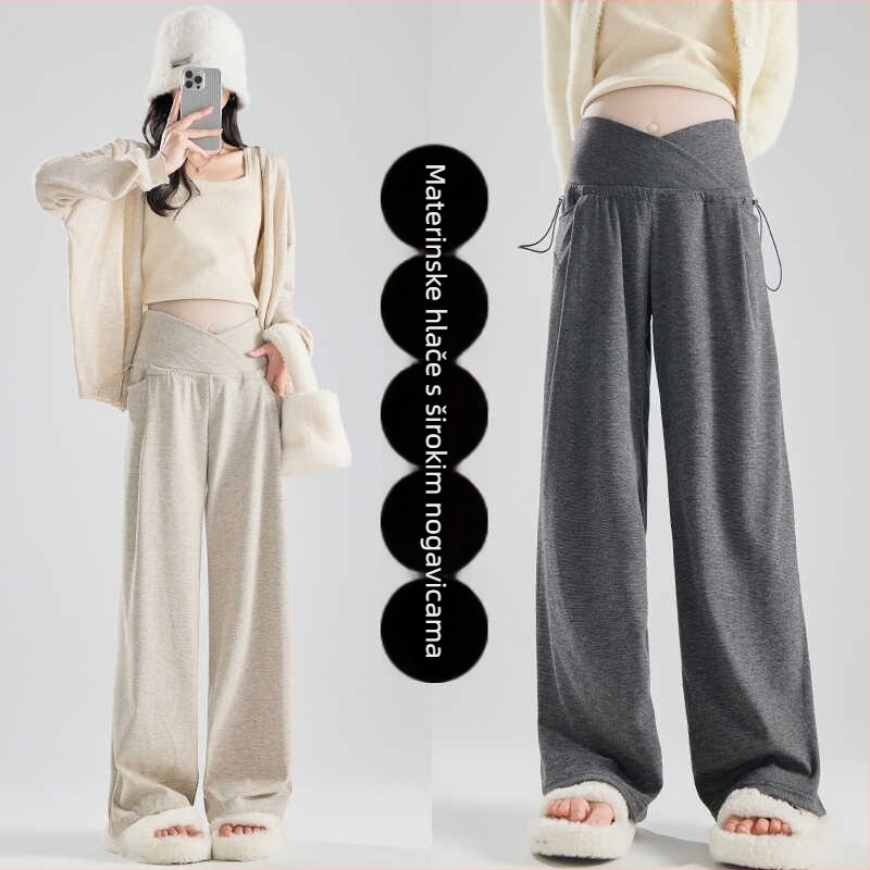 Trudničke široke hlače sa vezanjem u struku — pune duljine, srednje gustoće, poliester (70–80%), jesen/zima