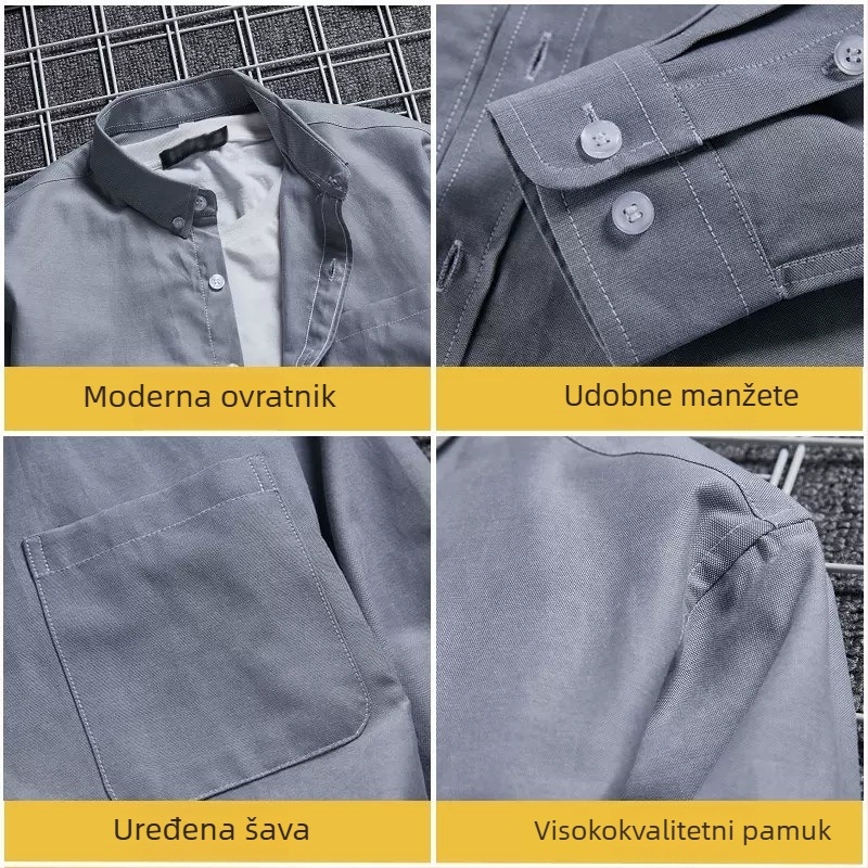 Muška košula, slobodnog kroja, stojeći ovratnik, dugi rukavi, prugasti uzorak, pamuk-poliester smjesa, 96% poliester