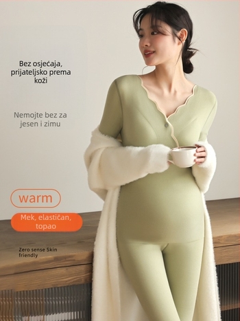 Trudnički topli set donjeg rublja sa dojnom topom i dugim hlačama, njemački baršun, 80–90% poliestera, spandeks <30%, dugi rukav, jesen-zima