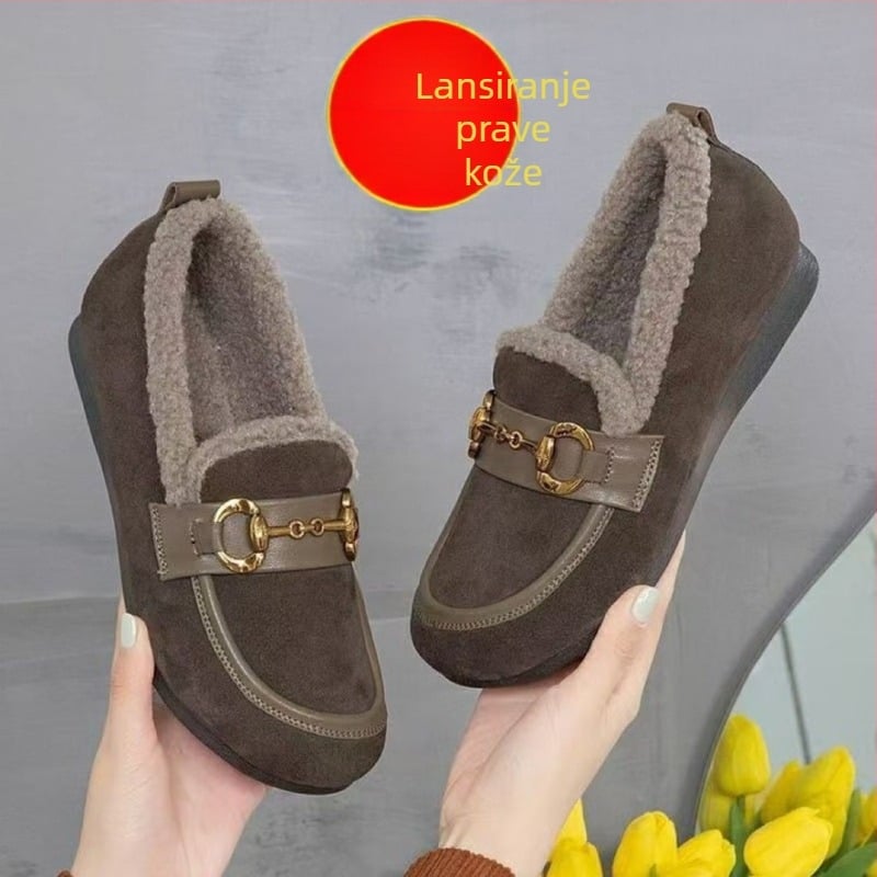 Ženske kožne Slip-On cipele s krznom u unutrašnjosti – zima, gumeni potplat, EVA ulošak