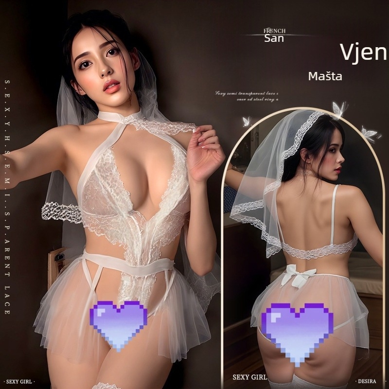 Ženski mrežasti body s prozirnom čipkom, set vjenčanog vela, poliester