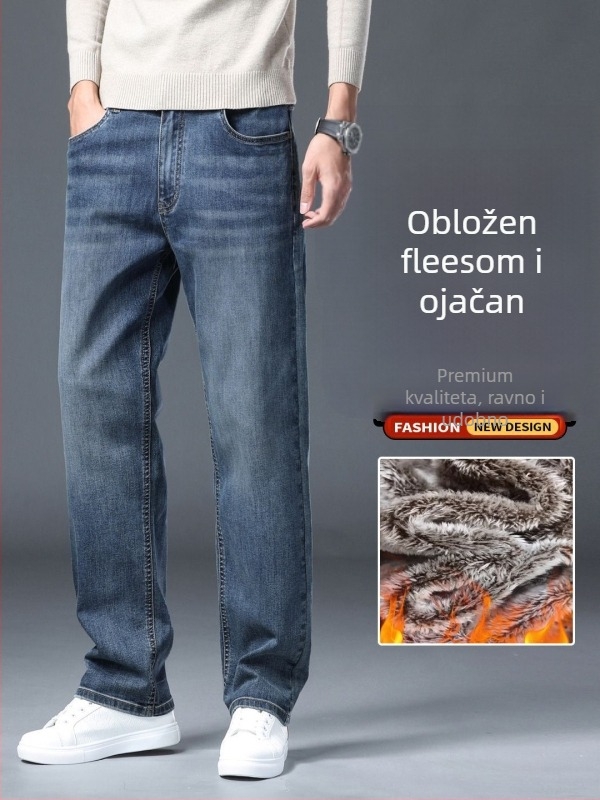 Muške traperice s fleecem, slobodan kroj, ravne nogavice, zima, pamuk-poliester smjesa (73% pamuk, 25,8% poliester, 1,2% elastan)