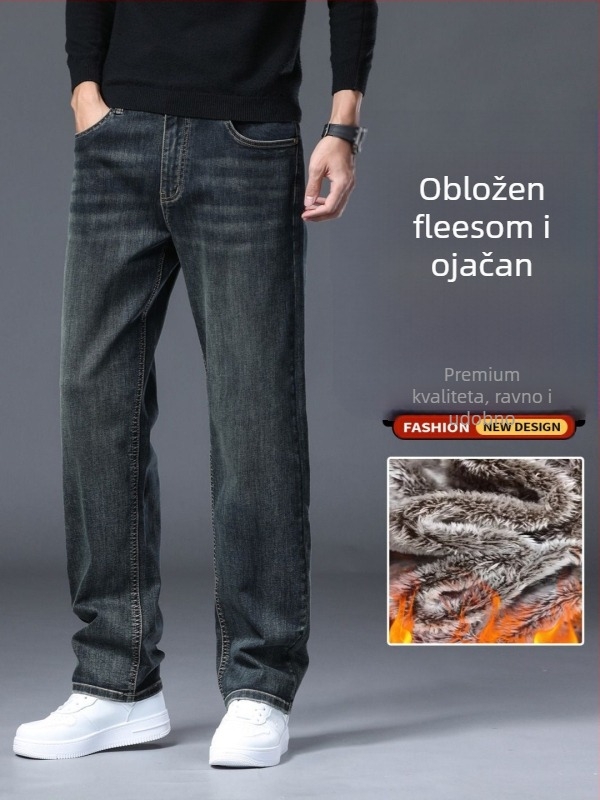 Muške traperice s fleecem, slobodan kroj, ravne nogavice, zima, pamuk-poliester smjesa (73% pamuk, 25,8% poliester, 1,2% elastan)