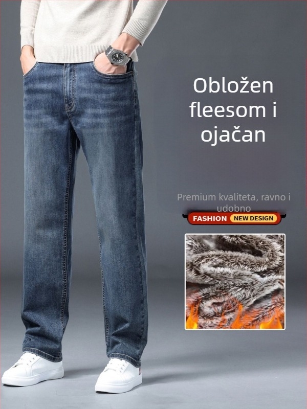 Muške traperice s fleecem, slobodan kroj, ravne nogavice, zima, pamuk-poliester smjesa (73% pamuk, 25,8% poliester, 1,2% elastan)