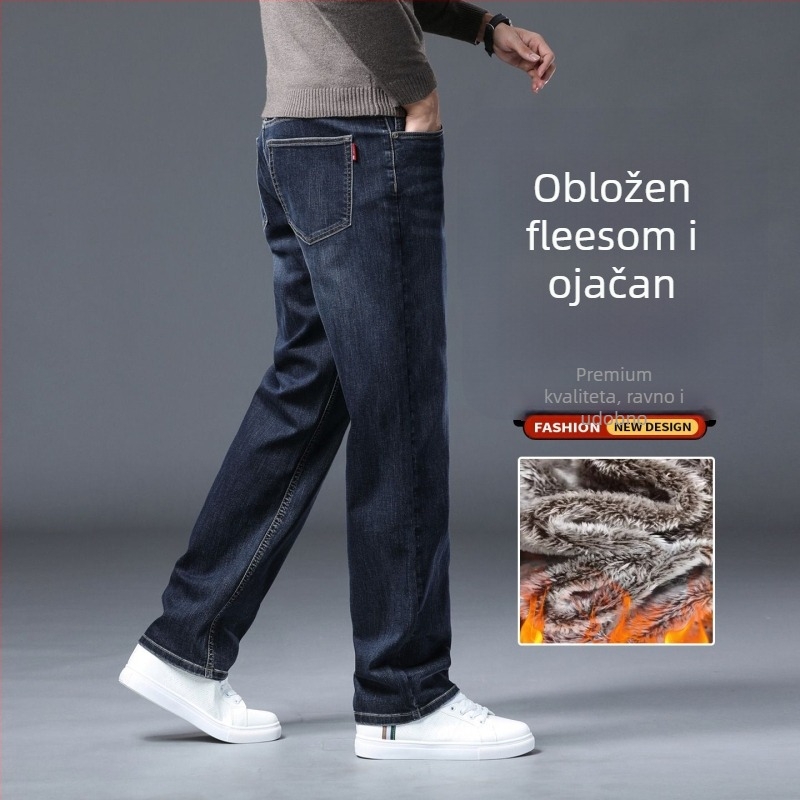 Muške traperice s fleecem, slobodan kroj, ravne nogavice, zima, pamuk-poliester smjesa (73% pamuk, 25,8% poliester, 1,2% elastan)