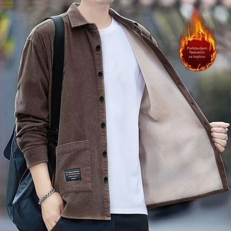 Muška corduroy košulja – širok kroj, fleece podstava, dugi rukavi, ovratnik turn-down, casual stil