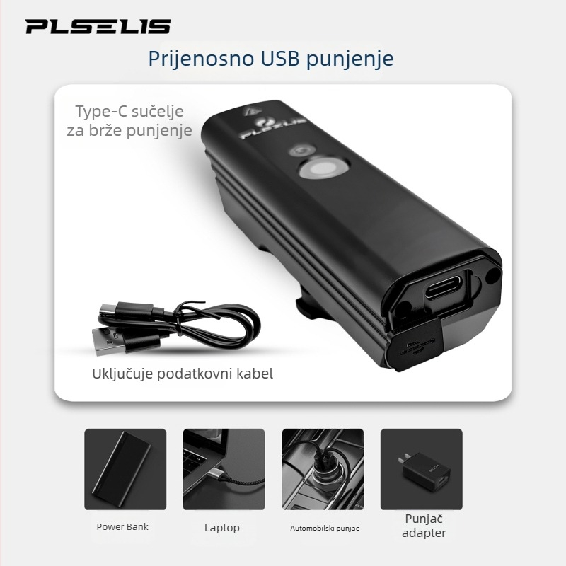 PLSELIS Prednje svjetlo za bicikl s Type-C punjenjem, vodootporno, ultra lagano