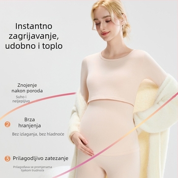 Trudnički set: pamučna pletena majica s balonastim rukavima i duge hlače, okrugli izrez, srednje gustoće tkanine