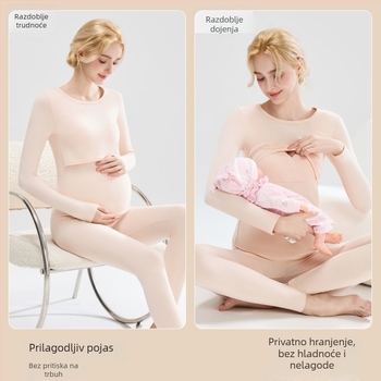 Trudnički set: pamučna pletena majica s balonastim rukavima i duge hlače, okrugli izrez, srednje gustoće tkanine