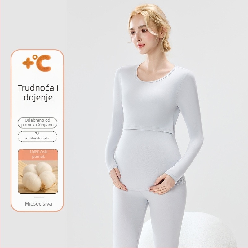Trudnički set: pamučna pletena majica s balonastim rukavima i duge hlače, okrugli izrez, srednje gustoće tkanine
