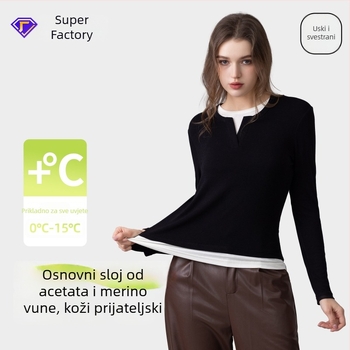 Bazni sloj od acetatnih vlakana, pleteni gornji dio – uzorak color-block, okrugli ovratnik, dugi rukav, lažni dvodijelni dizajn