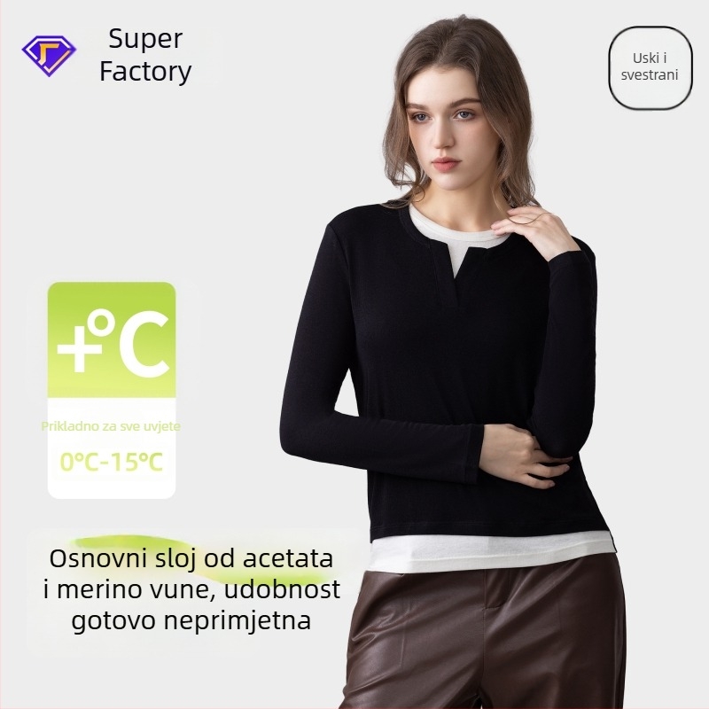 Bazni sloj od acetatnih vlakana, pleteni gornji dio – uzorak color-block, okrugli ovratnik, dugi rukav, lažni dvodijelni dizajn