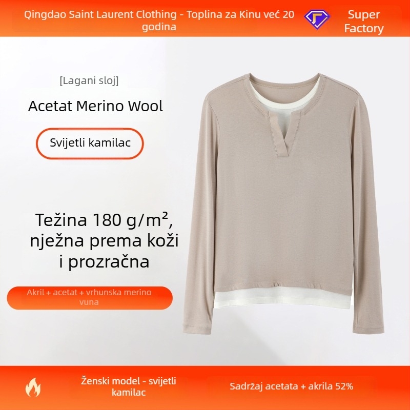 Bazni sloj od acetatnih vlakana, pleteni gornji dio – uzorak color-block, okrugli ovratnik, dugi rukav, lažni dvodijelni dizajn