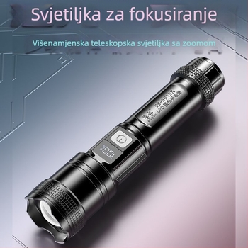 LED baterijska svjetiljka s digitalnim zaslonom, punjiva, teleskopski zum, domet 100–200 m, zamjenjiva 2800 mAh Li-ion baterija.