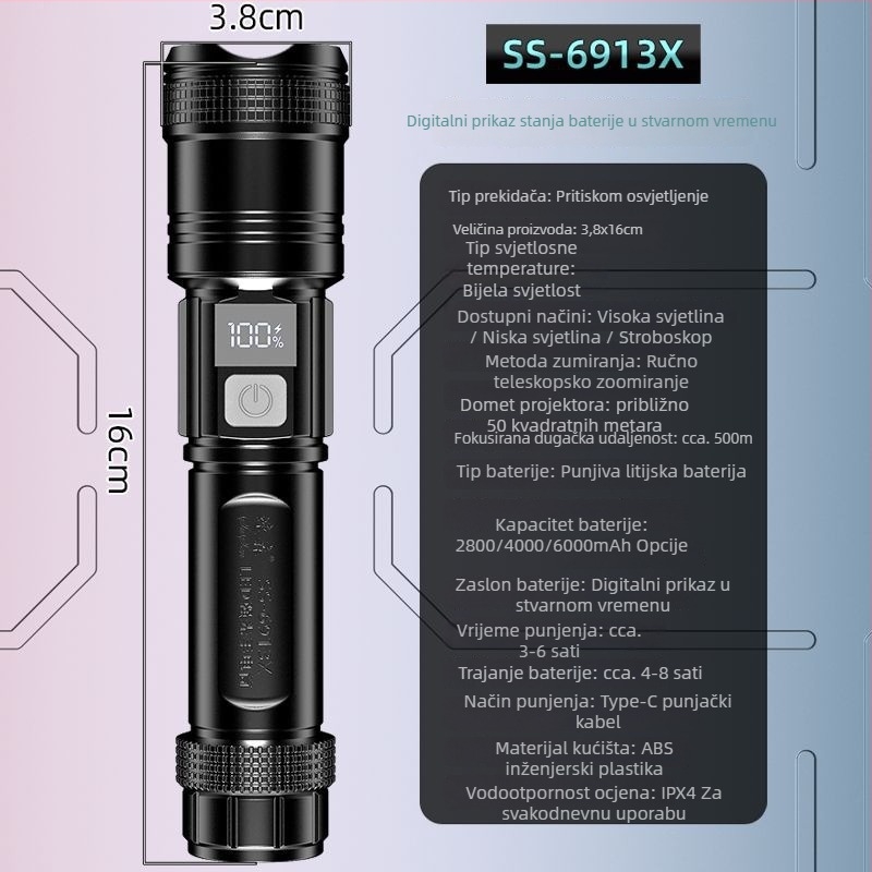 LED baterijska svjetiljka s digitalnim zaslonom, punjiva, teleskopski zum, domet 100–200 m, zamjenjiva 2800 mAh Li-ion baterija.