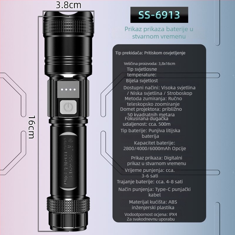 LED baterijska svjetiljka s digitalnim zaslonom, punjiva, teleskopski zum, domet 100–200 m, zamjenjiva 2800 mAh Li-ion baterija.