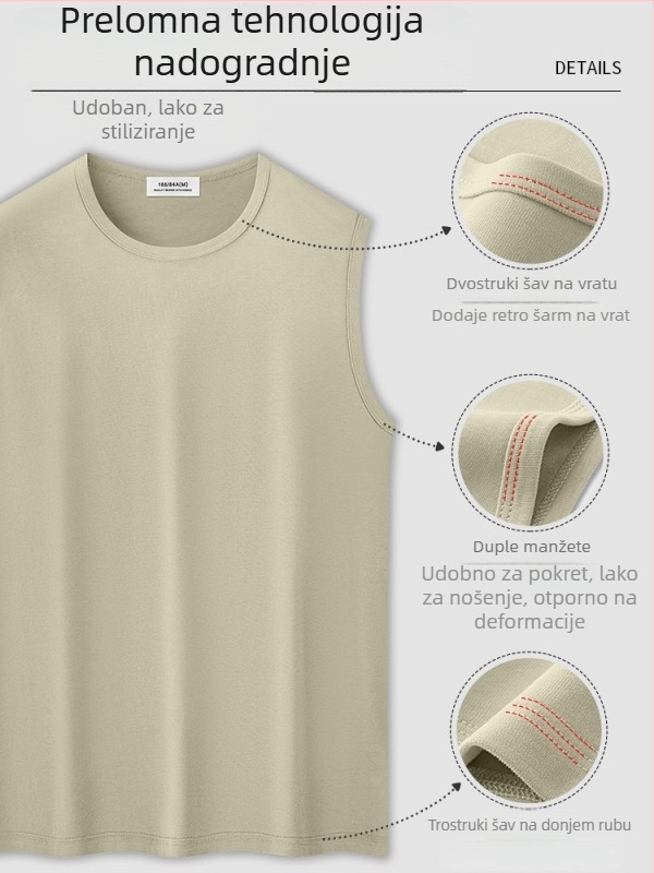 Muški T-shirt bez rukava od 100% dugih vlakana pamuka, 260 g težak materijal, uski kroj, jednobojni uzorak, šav s tri igle