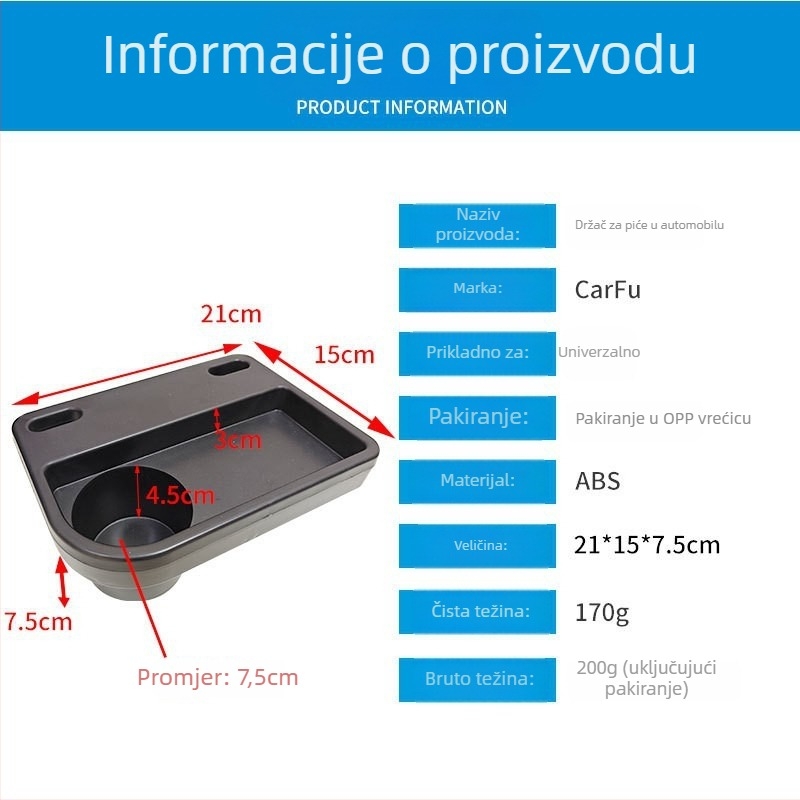 Držač čaša za stražnje sjedalo s pretincom za pohranu — ABS, model AC-2275, za stražnje naslone sjedala, vodootporan, otporan na tlak, prilagodljiv