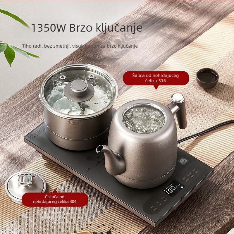 Električna ploča za čaj s integriranim čajnikom, 2 indukcijske ploče, kapacitet ispod 1 L, 1000–1500 W, nehrđajući čelik + ABS