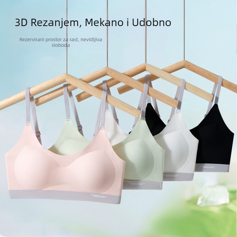 Sportski grudnjak za tinejdžerice – prozračna ledenska svila i najlon, pune košarice, tanke oblikovane jastučiće, fiksni dvostruki remeni, straga tri reda kopči