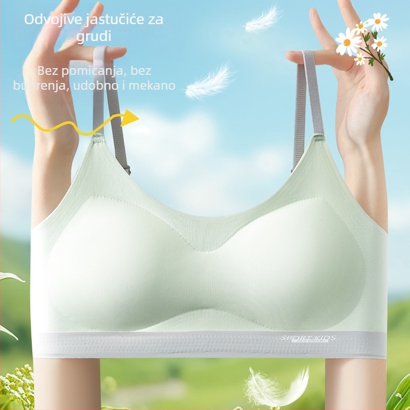 Sportski grudnjak za tinejdžerice – prozračna ledenska svila i najlon, pune košarice, tanke oblikovane jastučiće, fiksni dvostruki remeni, straga tri reda kopči