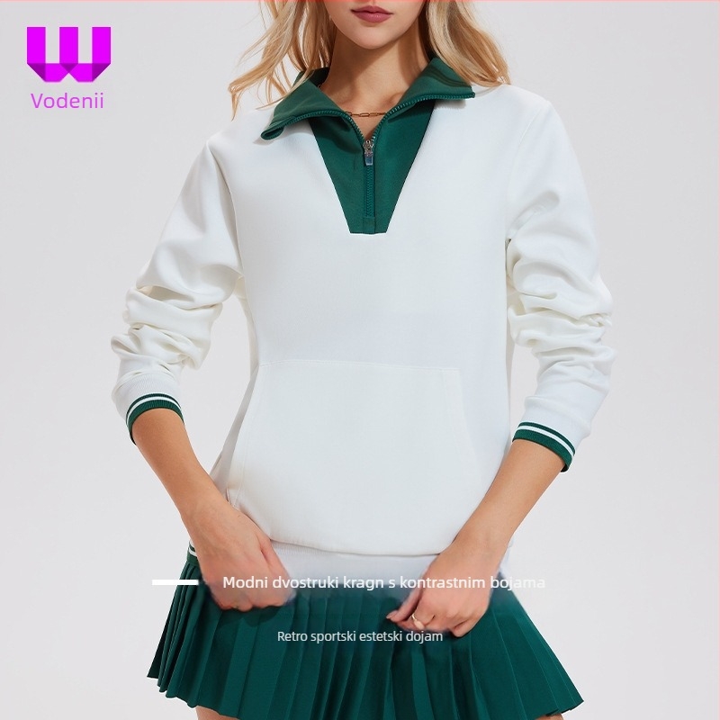 Ženski vintage teniski hoodie s visokim ovratnikom i djelomičnim zatvaračem, dugi rukav; Materijal: Space Cotton; Sastav materijala: Pamuk; Podstava: Space Cotton; Sastav podstave: Pamuk