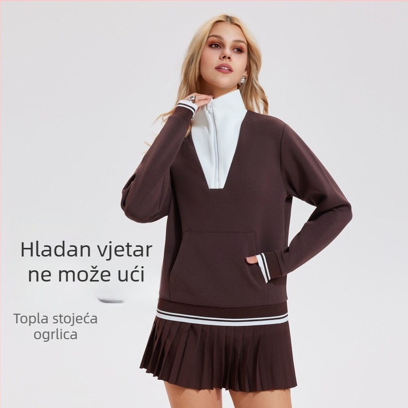 Ženski vintage teniski hoodie s visokim ovratnikom i djelomičnim zatvaračem, dugi rukav; Materijal: Space Cotton; Sastav materijala: Pamuk; Podstava: Space Cotton; Sastav podstave: Pamuk
